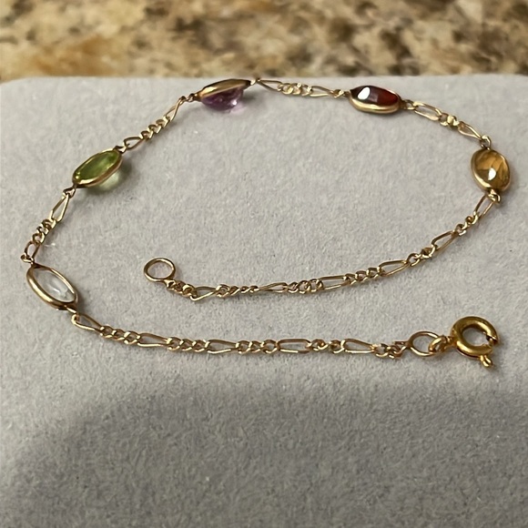 14K Yellow Gold Multi-Color Quartz 5-Stones Figaro Link Bracelet Stamp 14k - Picture 5 of 10